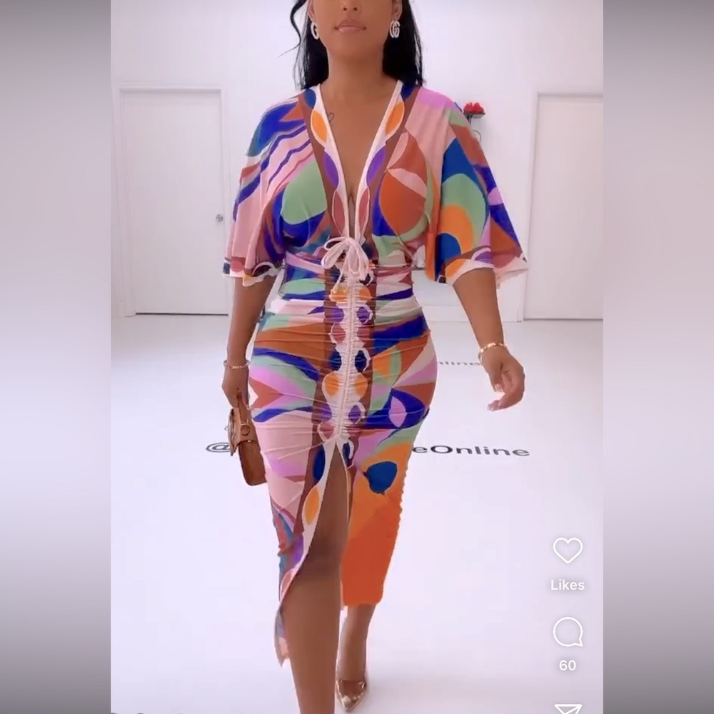 Sexy Tropical Abstract Midi Dress Ruched 🔥 - Picture 4 of 7